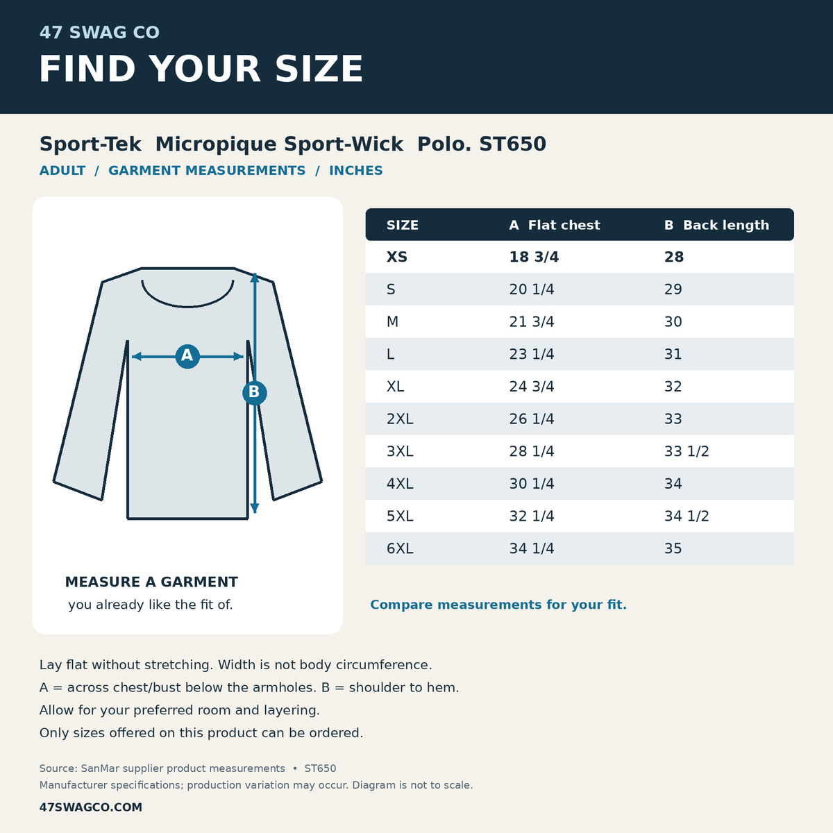 47 Swag Co ST650 garment size chart in inches with measurement diagram. Supplier specifications for this exact blank.