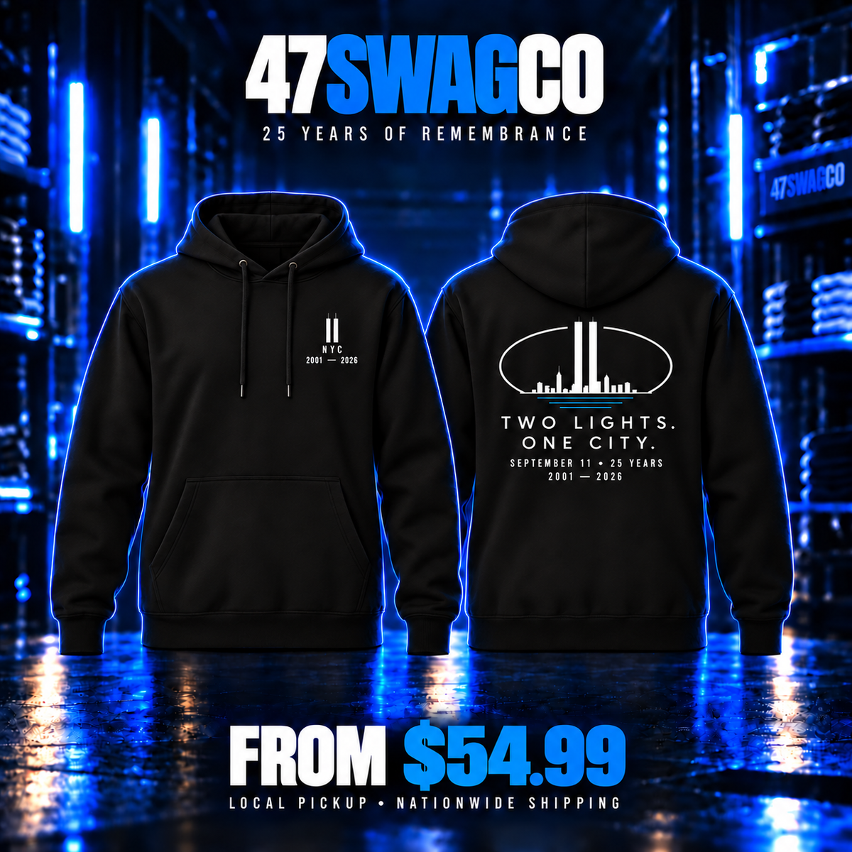 Two Lights One City black memorial hoodie, front and back, from $54.99