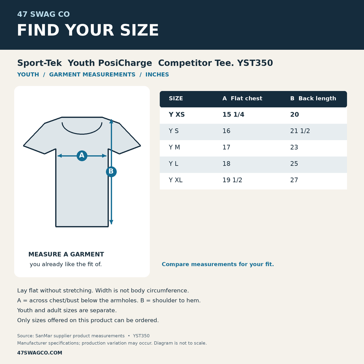 47 Swag Co YST350 garment size chart in inches with measurement diagram. Supplier specifications for this exact blank.