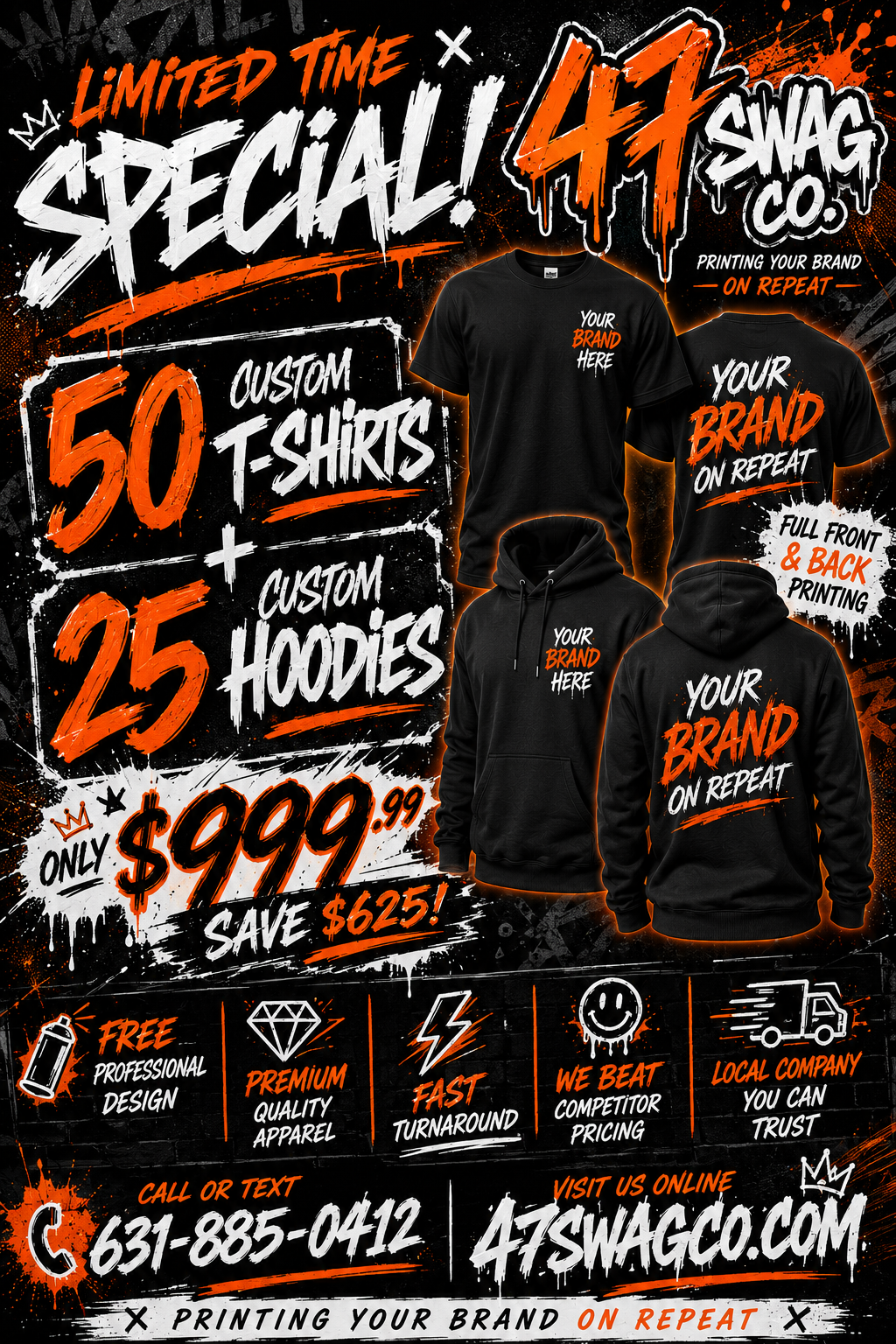 50 custom t-shirts plus 25 hoodies for $999