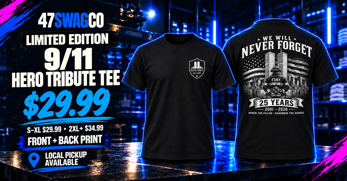 9/11 Hero Tribute Tee front and back with size pricing and local pickup