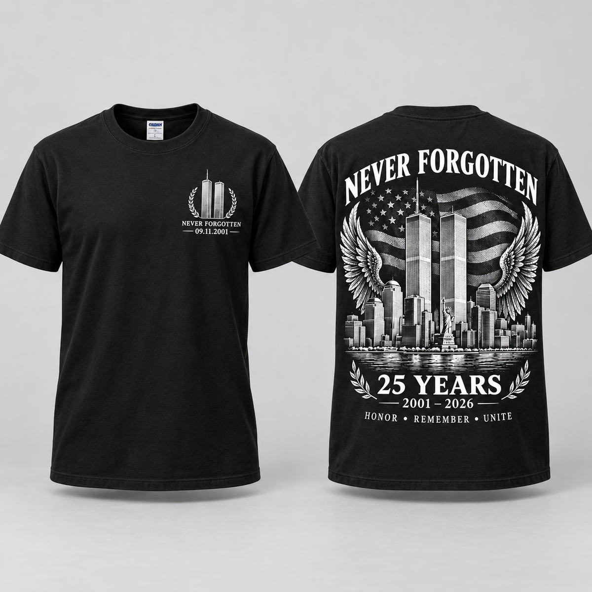 Memorial tee front and back ghost mannequin views