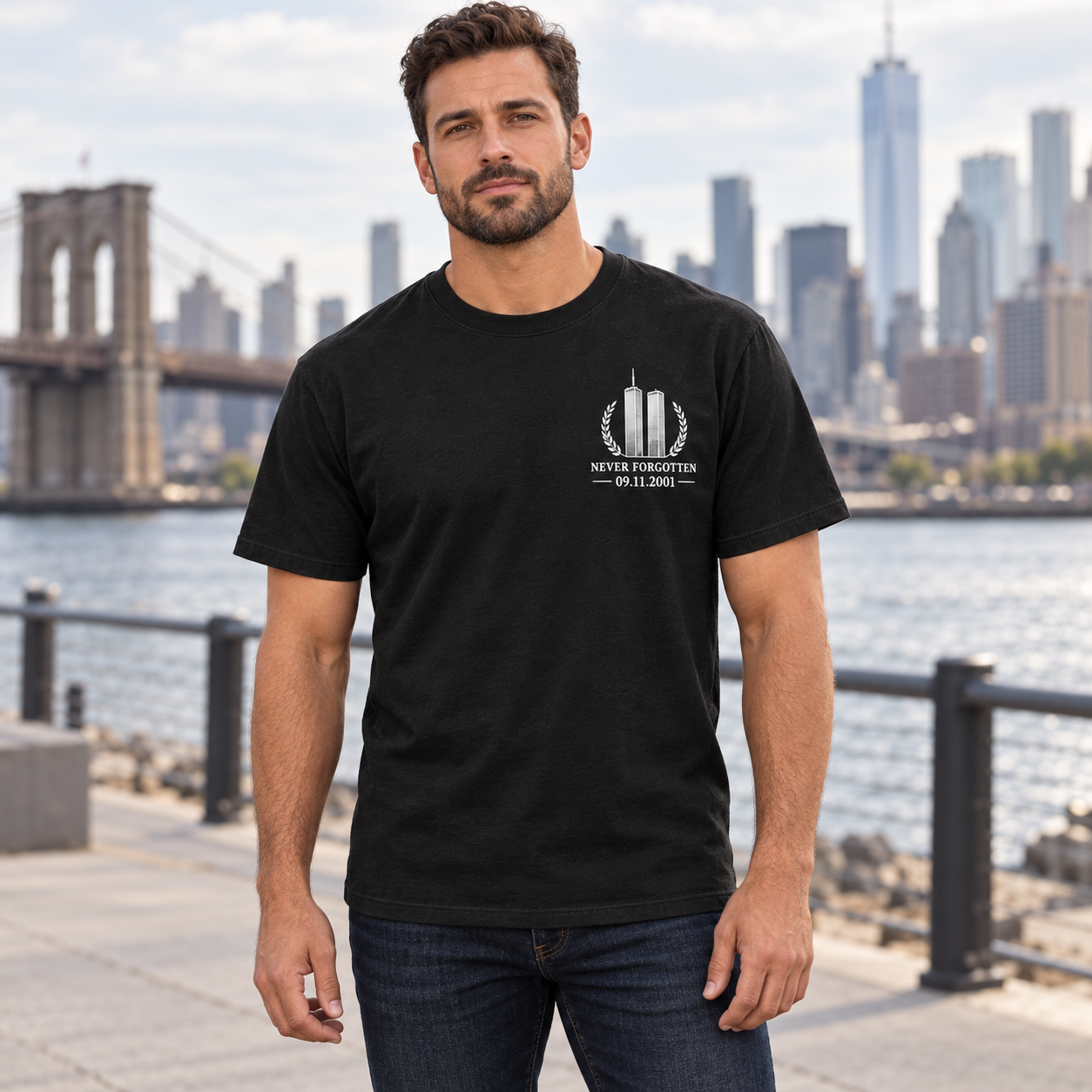 Male model wearing memorial tee front