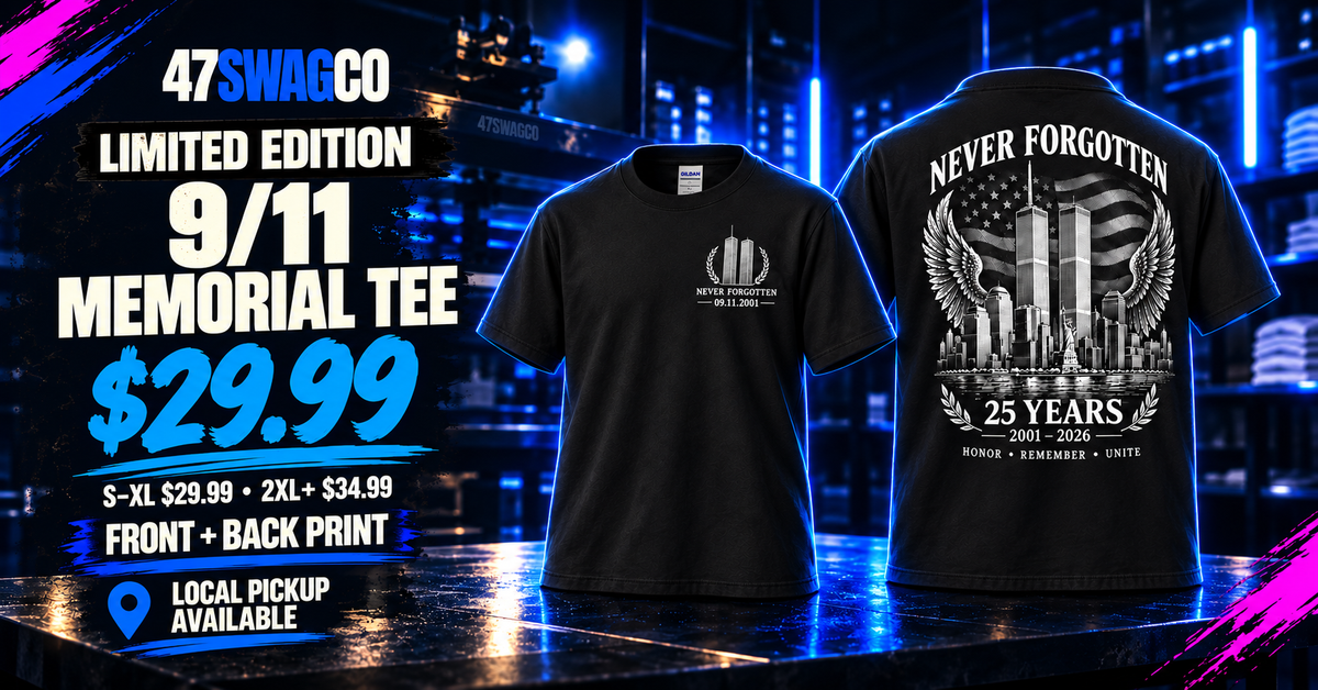 Wide 9/11 memorial tee preview with full front and back views and size pricing