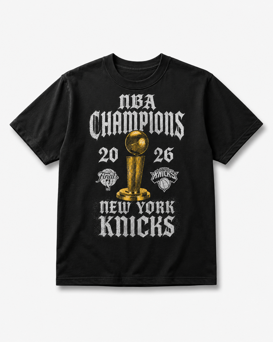 New York Knicks 2026 NBA Champions Black Heavyweight T-Shirt – Gold Trophy Championship Tee