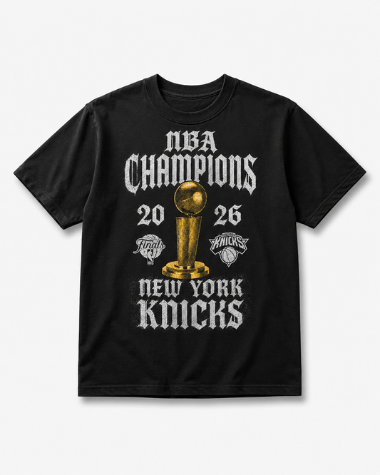 New York Knicks 2026 NBA Champions Black Heavyweight T-Shirt – Gold Trophy Championship Tee