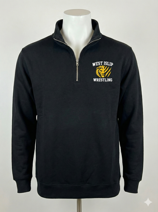 Black West Islip Wrestling Lions quarter-zip, front chest graphic on mannequin