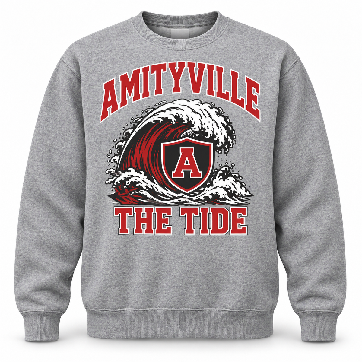 Amityville The Tide Crest Crewneck Sweatshirt in Heather Gray, front view
