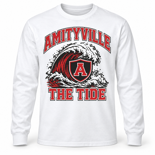 Amityville The Tide Collegiate Long Sleeve Tee in White, front view