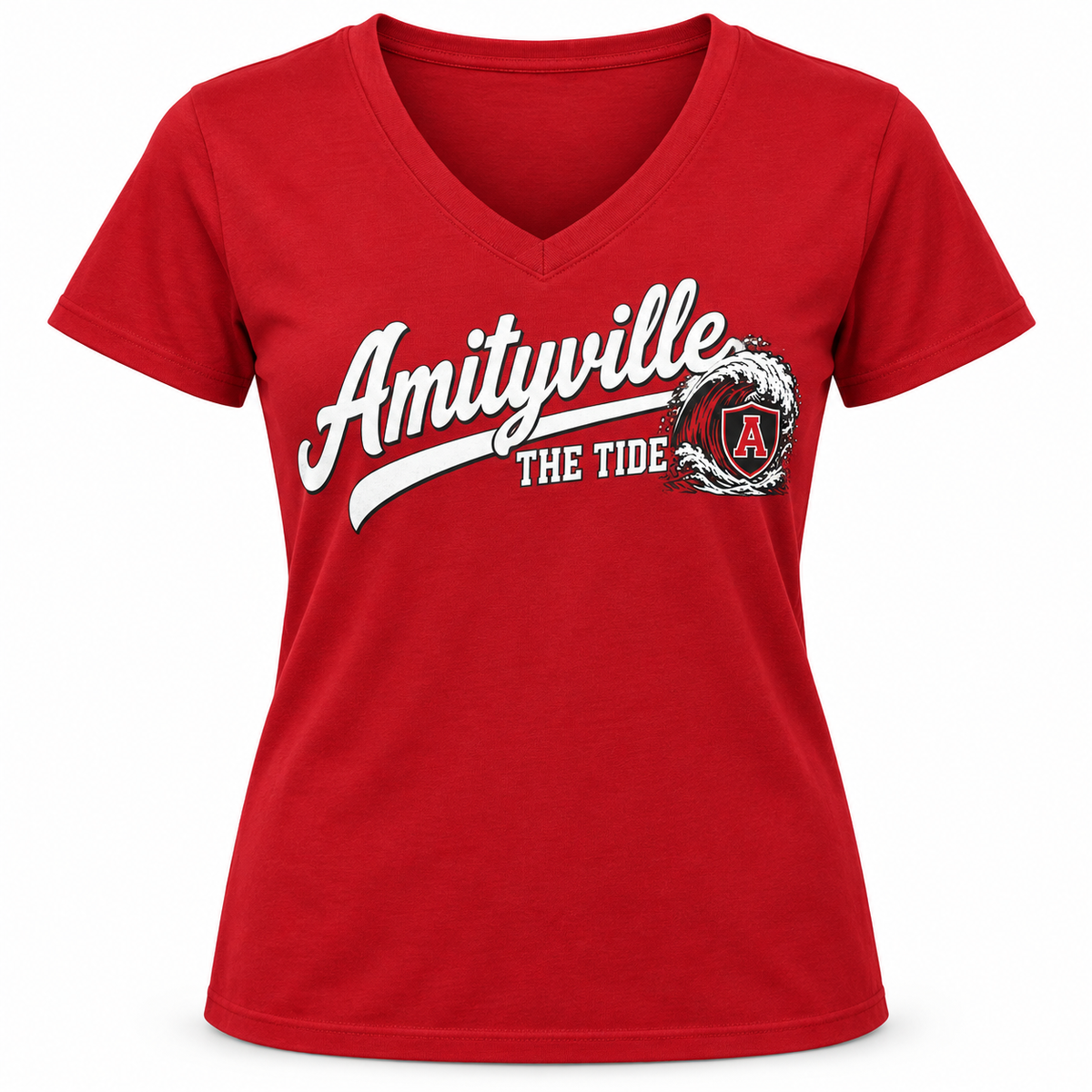 Amityville The Tide Women's Script V-Neck Tee in Red, front view
