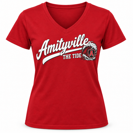 Amityville The Tide Women's Script V-Neck Tee in Red, front view