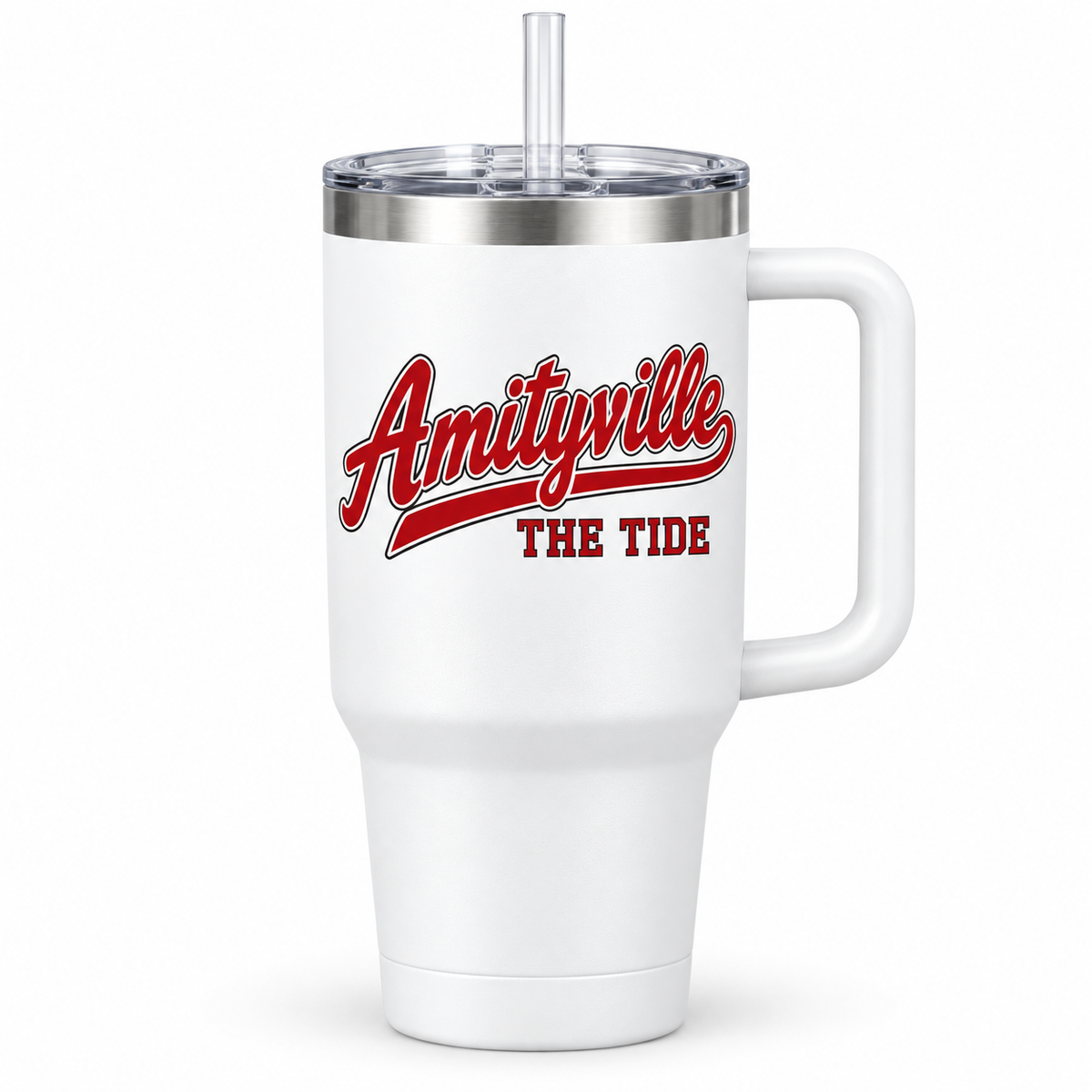 Amityville The Tide Script Handled Tumbler in White, front view