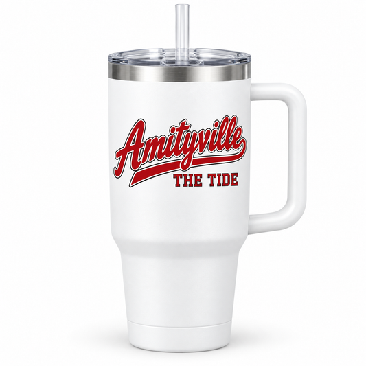 Amityville The Tide Script Handled Tumbler in White, front view