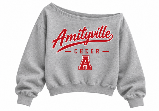Amityville Cheer Women's Heritage Script Off-Shoulder Crop Sweatshirt in Heather Gray