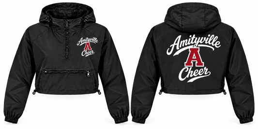 Amityville Cheer Women's Script Crop Windbreaker - Front & Back in Black