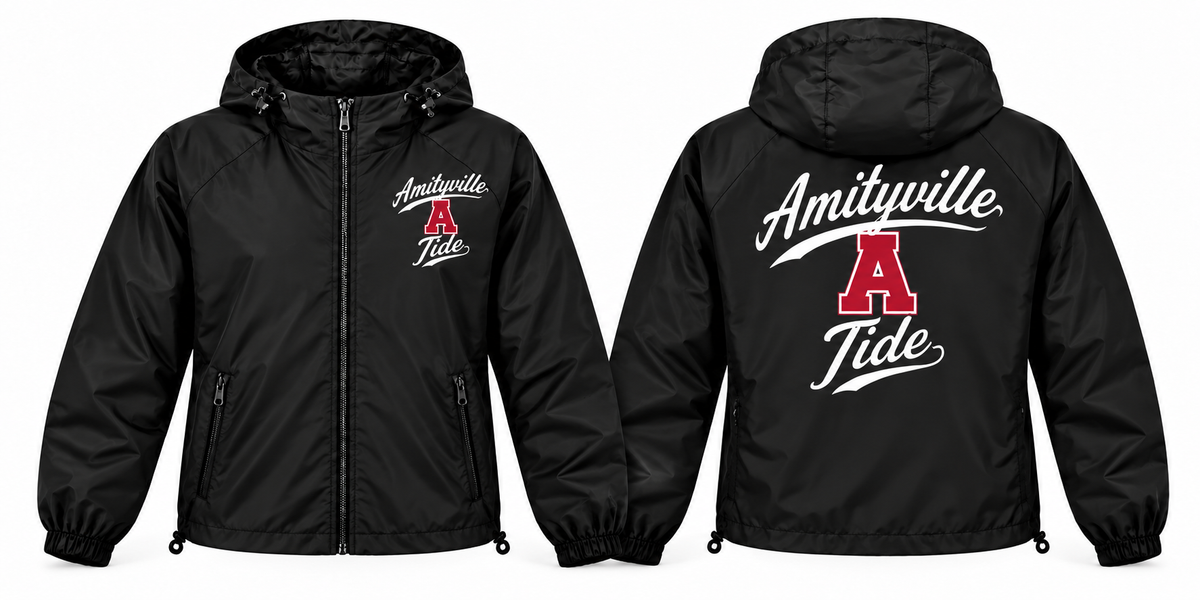 Amityville Tide black full-zip windbreaker front and back