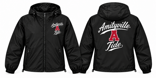 Amityville Tide black full-zip windbreaker front and back