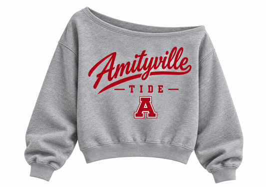 Amityville Tide Women's Heritage Script Off-Shoulder Crop Sweatshirt in Heather Gray