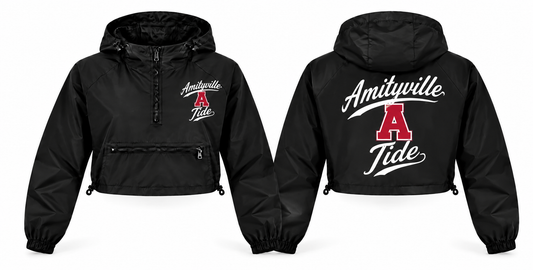 Amityville Tide Women's Script Crop Windbreaker - Front & Back in Black