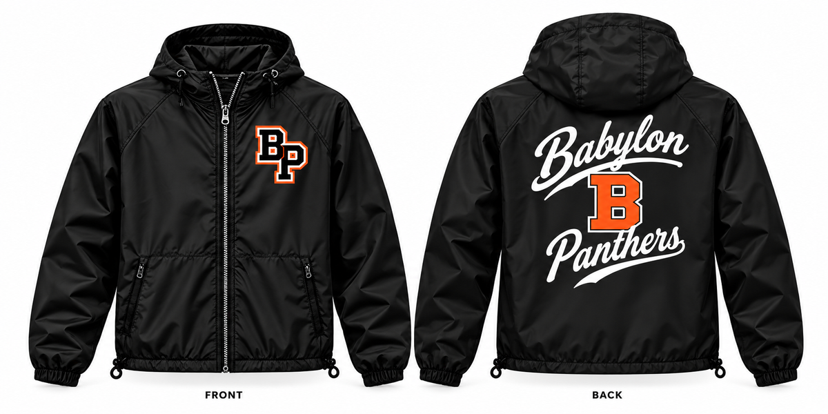 Babylon Panthers black full-zip windbreaker showing small BP left chest front print and large Babylon B Panthers script back print