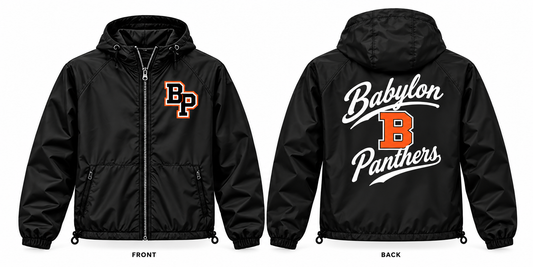 Babylon Panthers black full-zip windbreaker showing small BP left chest front print and large Babylon B Panthers script back print