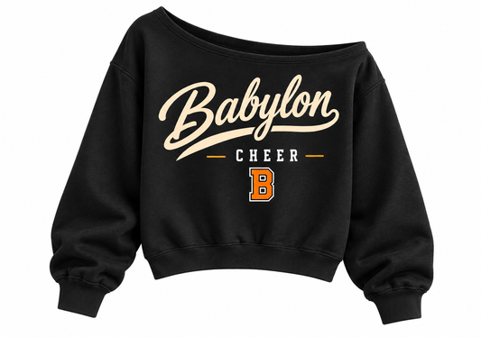 Babylon Cheer Women's Heritage Script Off-Shoulder Crop Sweatshirt in Black