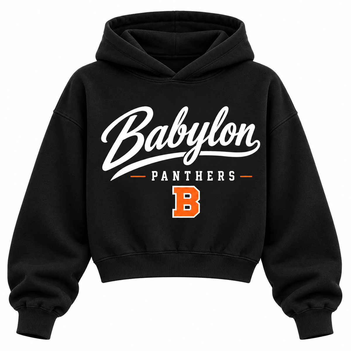 Babylon Panthers black cropped hoodie with heritage school script and varsity monogram on front
