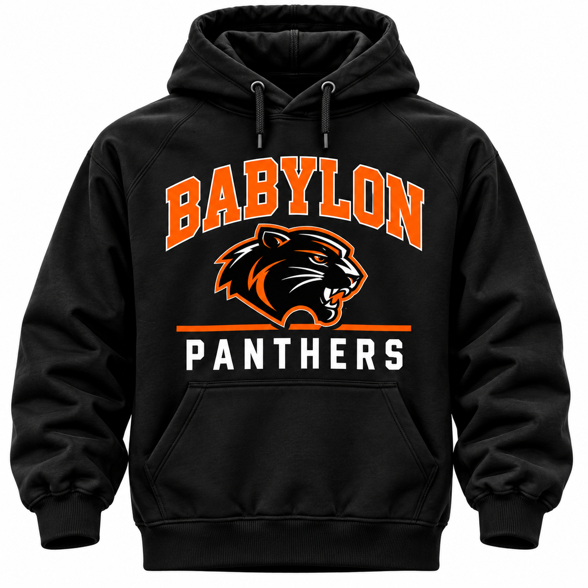 Black Babylon Panthers hoodie with orange collegiate Babylon lettering, orange and white panther head and white Panthers text