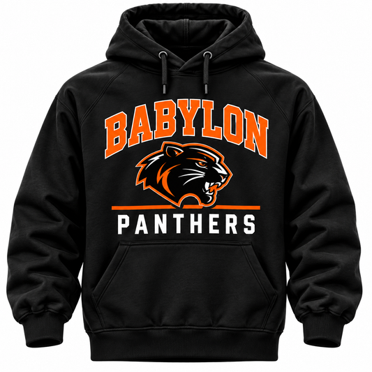 Black Babylon Panthers hoodie with orange collegiate Babylon lettering, orange and white panther head and white Panthers text