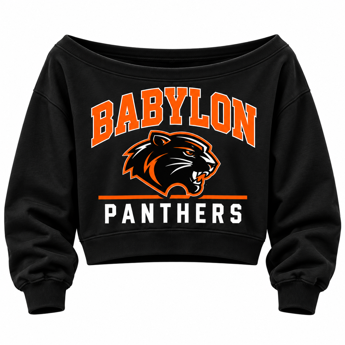 Black Babylon Panthers women's off-shoulder crop sweatshirt with orange collegiate lettering and panther head
