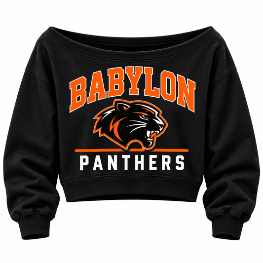 Black Babylon Panthers women's off-shoulder crop sweatshirt with orange collegiate lettering and panther head