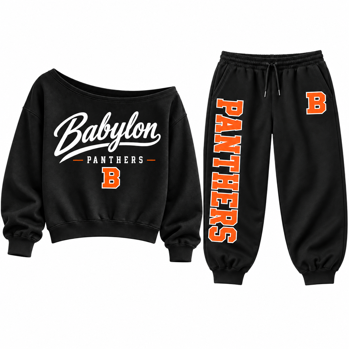 Babylon Panthers Heritage Off-Shoulder and Baggy Sweatpants Set — sweatshirt and pants together