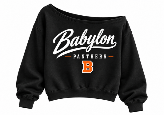 Babylon Panthers Women's Heritage Script Off-Shoulder Crop Sweatshirt in Black