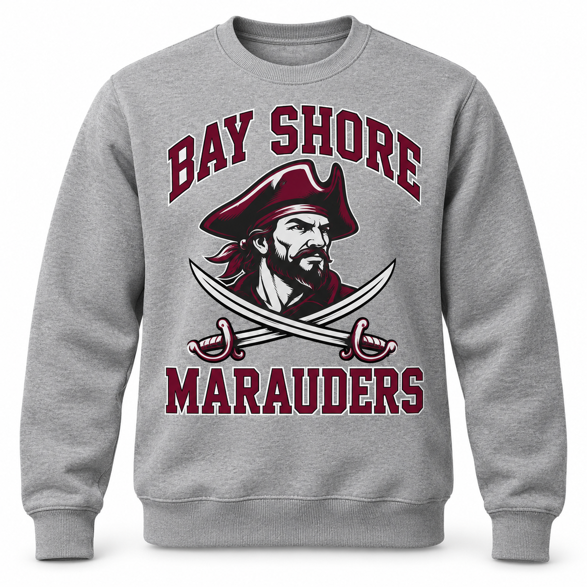 Bay Shore Marauders Crest Crewneck Sweatshirt in Heather Gray, front view