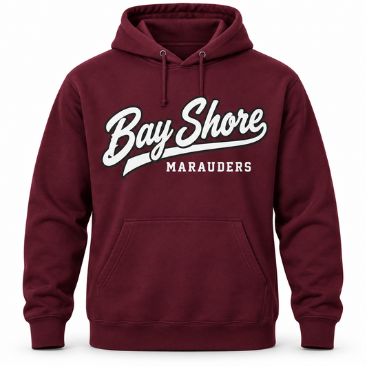 Bay Shore Marauders Script Pullover Hoodie in Maroon, front view