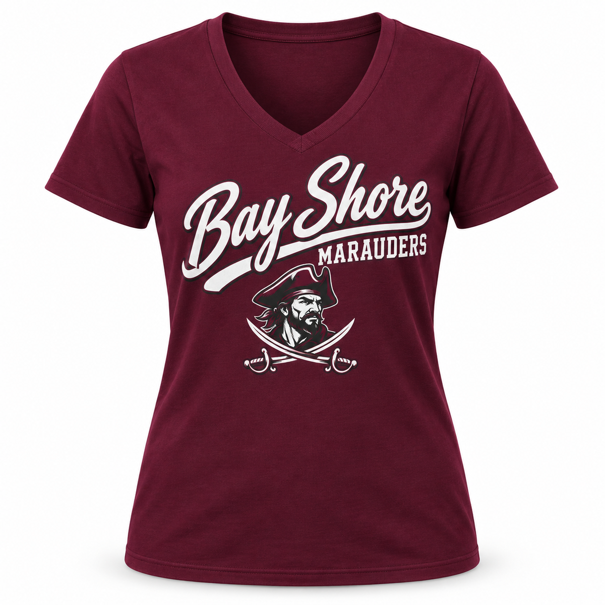 Bay Shore Marauders Women's Script V-Neck Tee in Maroon, front view