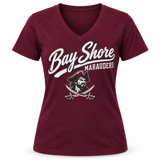Bay Shore Marauders Women's Script V-Neck Tee in Maroon, front view