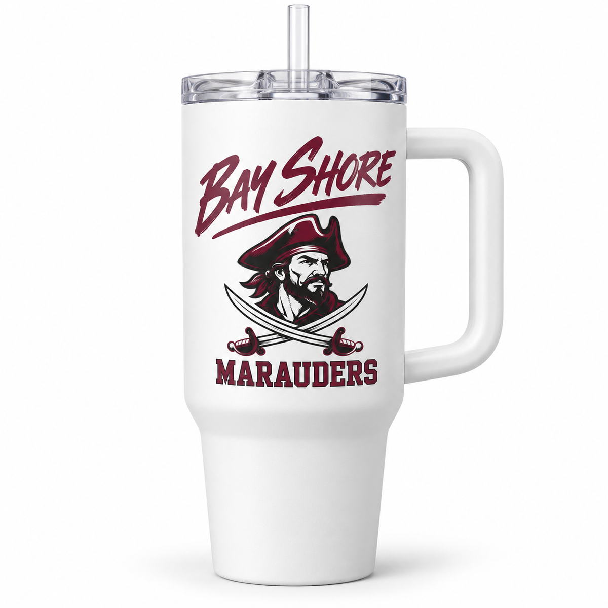 Bay Shore Marauders Script Handled Tumbler in White, front view