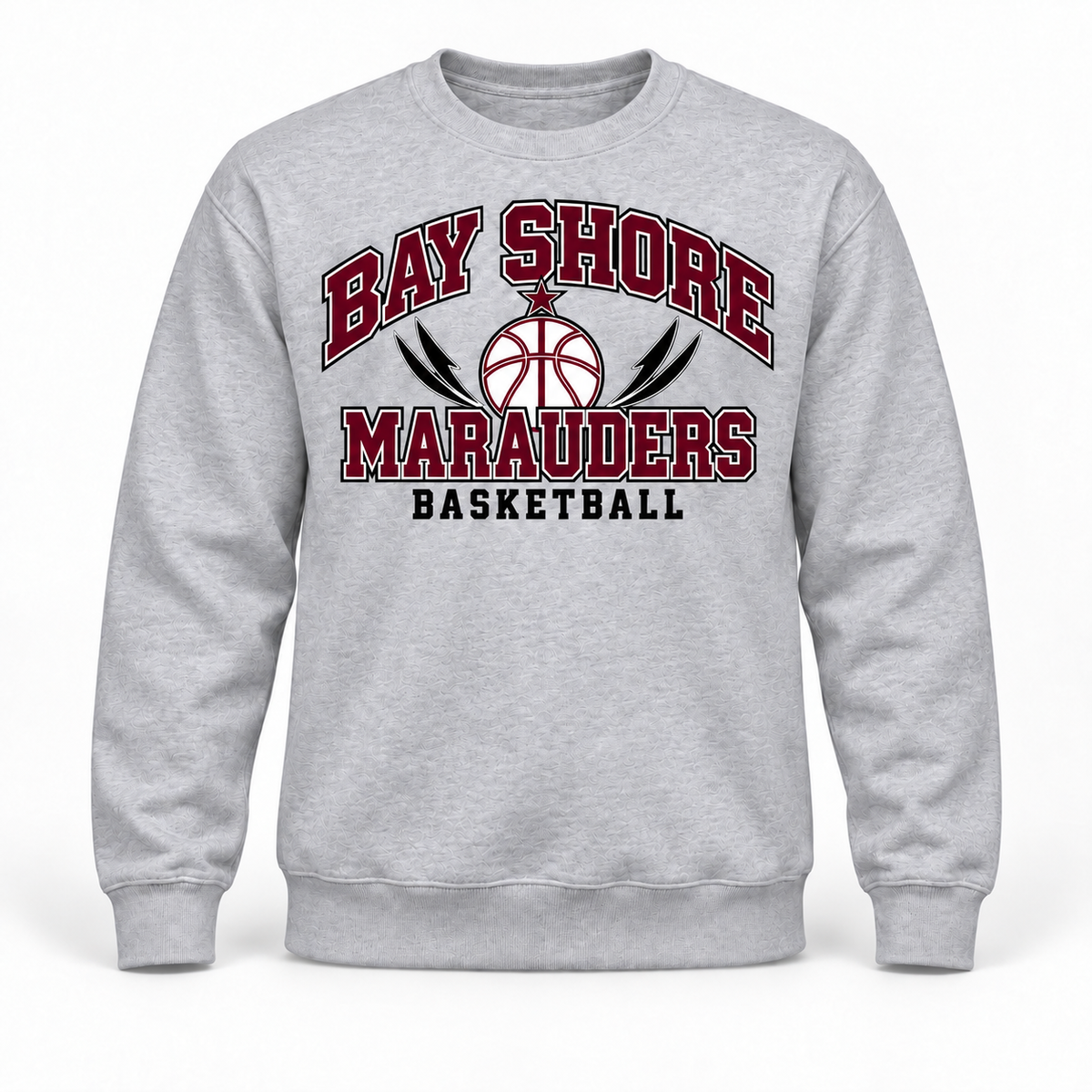 Bay Shore Marauders Basketball Crewneck Sweatshirt in Heather Gray, front view with Bay Shore Marauders graphic