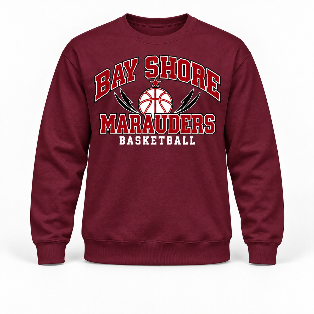 Bay Shore Marauders Basketball Crewneck Sweatshirt in Maroon, front view with Bay Shore Marauders graphic