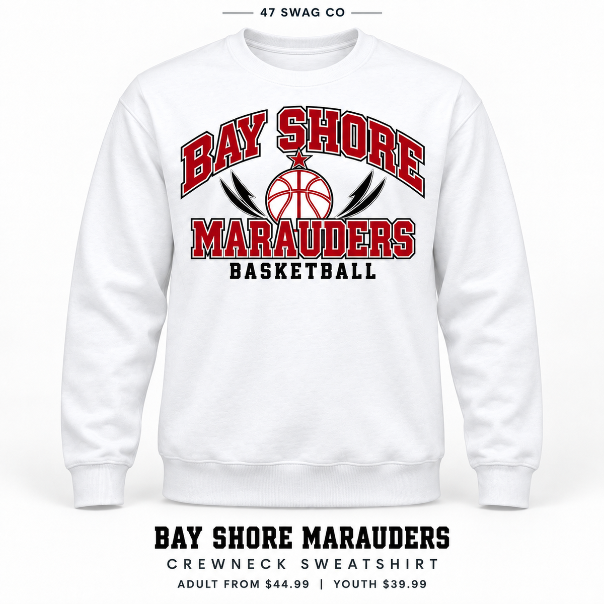 Bay Shore Marauders Basketball Crewneck Sweatshirt in White, front view with Bay Shore Marauders graphic