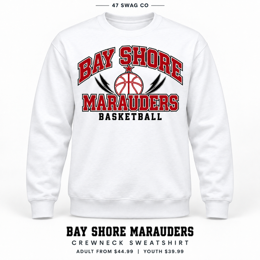 Bay Shore Marauders Basketball Crewneck Sweatshirt in White, front view with Bay Shore Marauders graphic