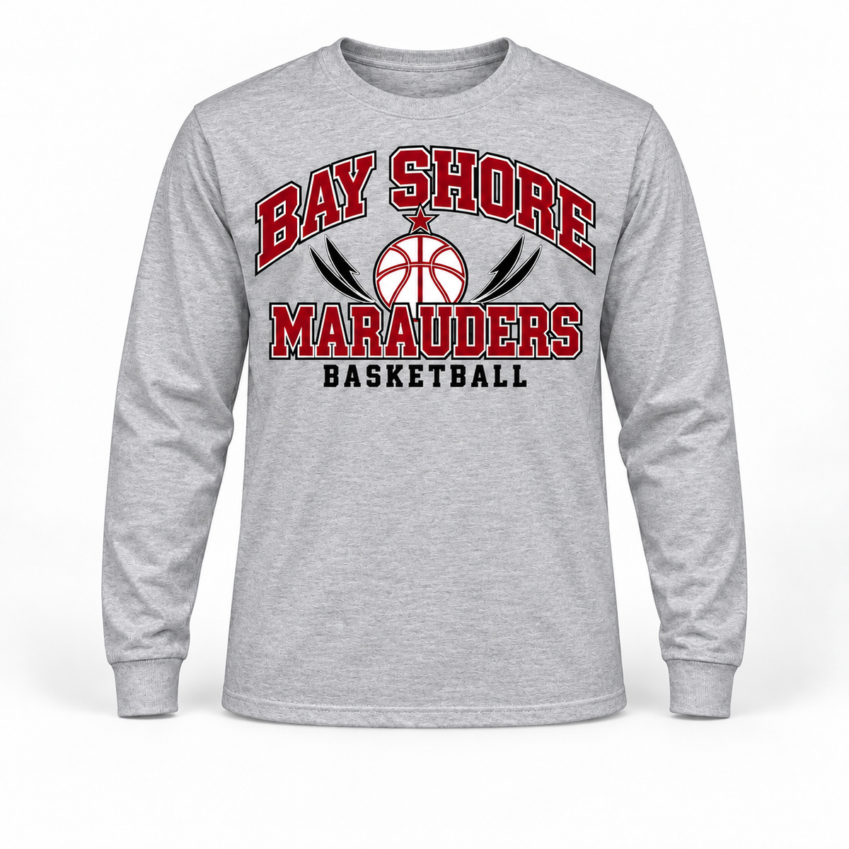 Bay Shore Marauders Basketball Long Sleeve Tee in Heather Gray, front view with Bay Shore Marauders graphic