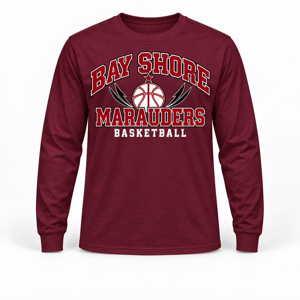 Bay Shore Marauders Basketball Long Sleeve Tee in Maroon, front view with Bay Shore Marauders graphic