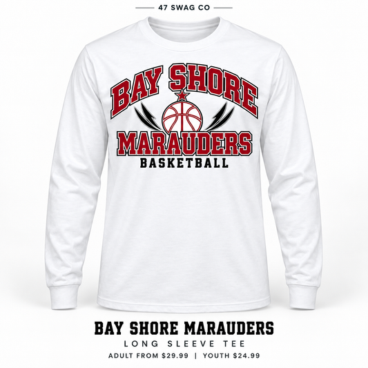 Bay Shore Marauders Basketball Long Sleeve Tee in White, front view with Bay Shore Marauders graphic
