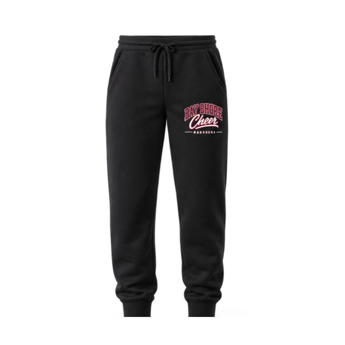 Bay Shore Cheer Campus fleece joggers in Black with maroon and white left-thigh artwork