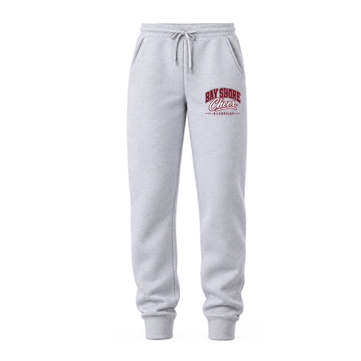 Bay Shore Cheer Campus fleece joggers in Grey Heather with maroon and white left-thigh artwork
