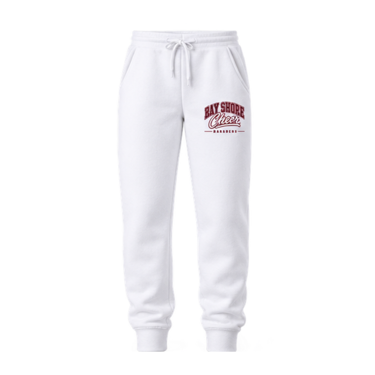 Bay Shore Cheer Campus fleece joggers in White with maroon and white left-thigh artwork