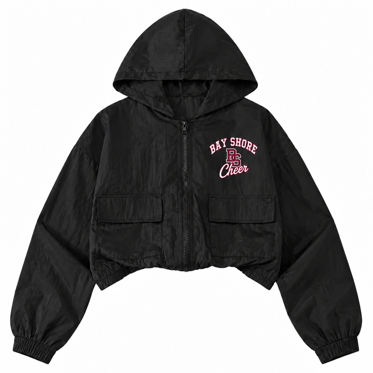 Bay Shore Cheer youth black crop windbreaker front
