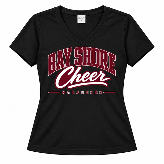 Bay Shore Cheer women’s Campus V-neck in Jet Black with centered maroon and white collegiate front artwork